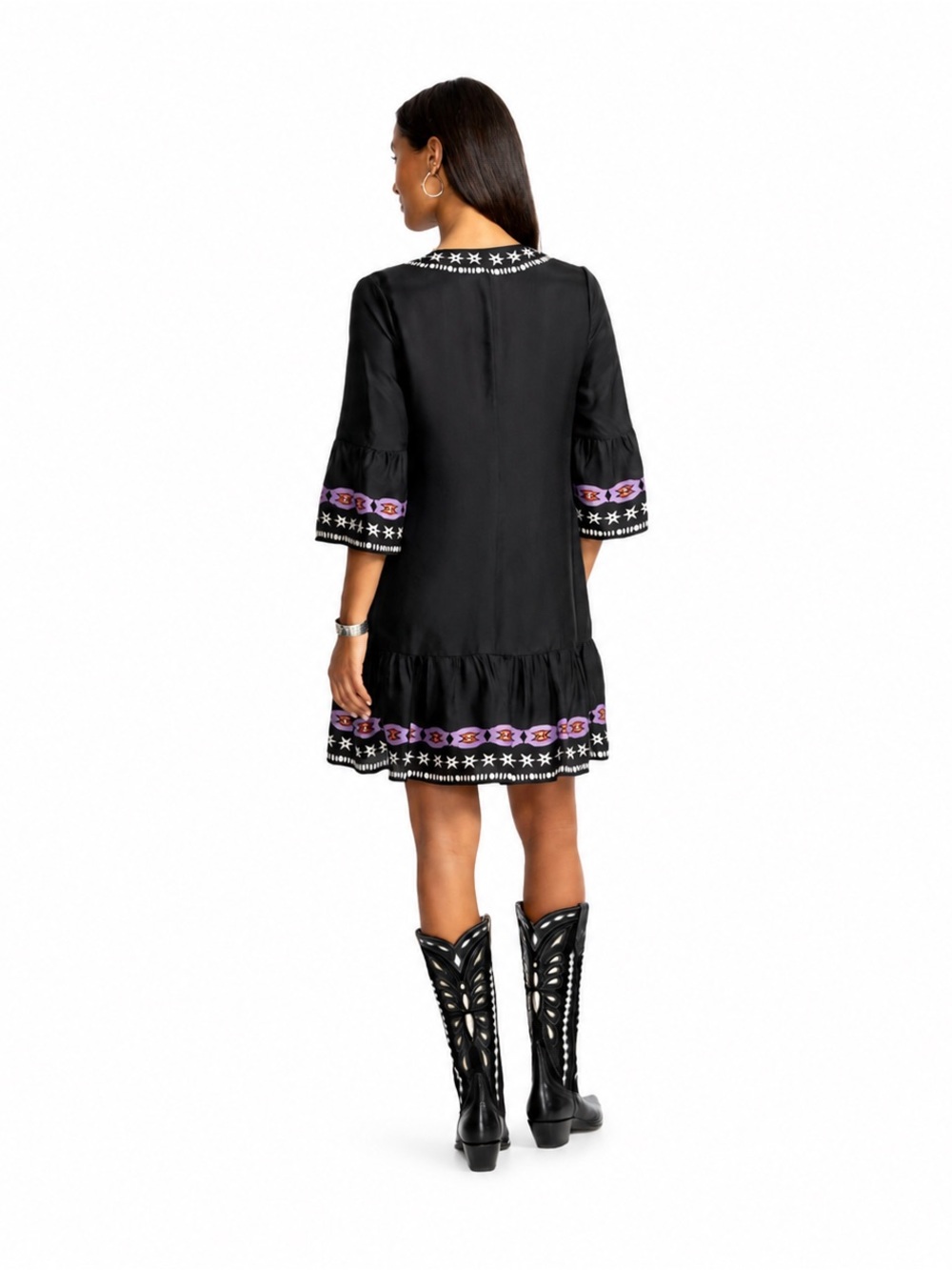 Johnny Was Jade Hailee Western Kasumi Black Floral Silk Flounce Shift Dress - Picture 4 of 9